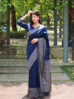 Bansari Textiles Printed Banarasi Jacquard Saree(Blue)