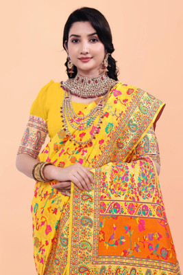 Wovenza Self Design, Woven Bollywood Cotton Blend, Semi-Pashmina Saree(Yellow)
