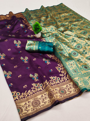 VASTUKALA Woven Kanjivaram Pure Silk, Art Silk Saree(Purple, Light Blue)
