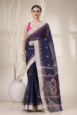 DENLINFABRICS Floral Print Tant Cotton Blend Saree(Blue)