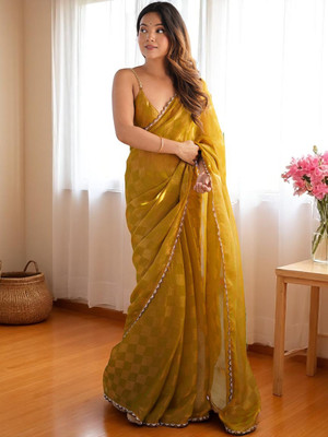 TTH Self Design Bollywood Organza, Chiffon Saree(Yellow, Mustard)
