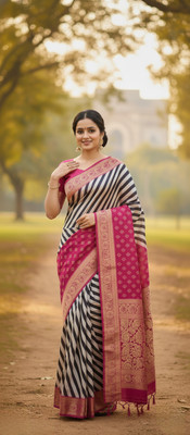 Pragya Striped, Woven Banarasi Silk Blend Saree(Black, Pink)