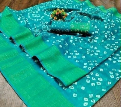 Saadhvi Digital Print Bandhani Cotton Blend Saree(Light Blue)