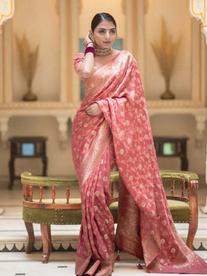 MUKHITA Printed Kanjivaram Silk Blend Saree(Pink)