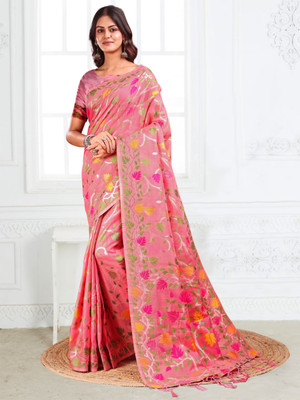 Divastri Printed Banarasi Cotton Linen Saree(Pink)