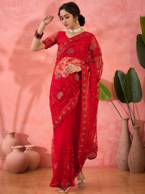Sangria Embroidered Saree with Attached Blouse Net Saree(Red)