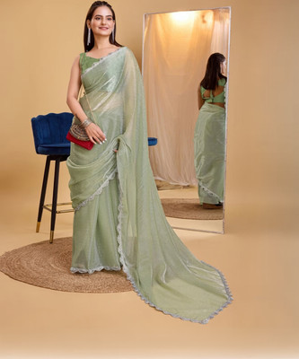 Julee Solid/Plain Bollywood Net Saree(Light Green)