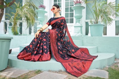 Sariya Woven Banarasi Jacquard, Silk Blend Saree(Black)