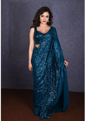 balaji textiles Embroidered, Embellished Bollywood Georgette Saree(Light Blue)