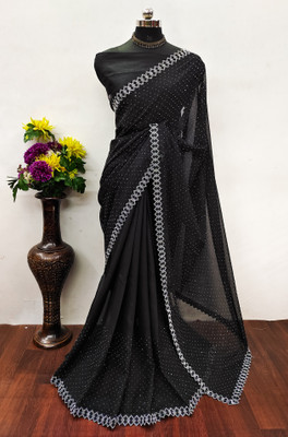 GEETABA FASHION Solid/Plain Bollywood Georgette Saree(Black)