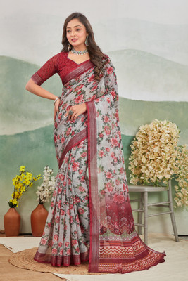 DHARMRAJ ENTERPRISE Digital Print Assam Silk Cotton Linen Saree(White)