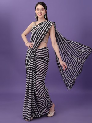 Dwiza Enterprise Self Design, Embellished, Embroidered, Printed, Floral Print, Striped Bollywood Georgette Saree(Black, White)