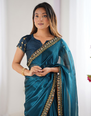 Samah Dyed, Embellished Bollywood Jimmy choo, Chiffon Saree(Blue)