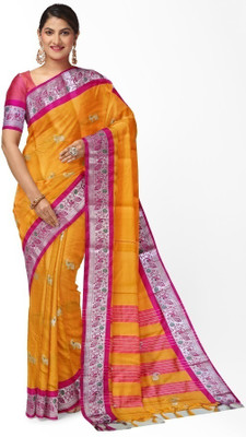 DEEP KIRAN FABRICS Woven, Temple Border, Embellished, Striped, Animal Print, Self Design Maheshwari Cotton Silk Saree(Yellow)