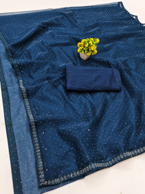Anand Sarees Solid/Plain Bollywood Net, Lace Saree(Dark Blue)