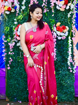 vrajtextiledr Woven Mekhela Chador Pure Silk Saree(Pink)