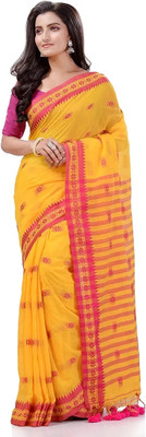 ADbutiq Temple Border, Self Design Tant Pure Cotton, Cotton Blend Saree(Yellow)