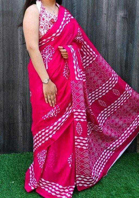 DASTKARPRINT Printed, Color Block, Blocked Printed, Floral Print, Dyed Daily Wear Pure Cotton Saree(Pink)