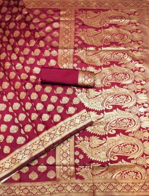 WEYLIN Woven, Self Design, Solid/Plain, Temple Border, Embellished, Embroidered, Floral Print Banarasi Jacquard, Cotton Silk Saree(Maroon)