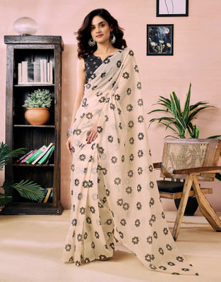Samah Printed Daily Wear Chanderi, Cotton Blend Saree(Beige)
