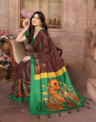 YASHIKA Printed Kalamkari Art Silk Saree(Brown)