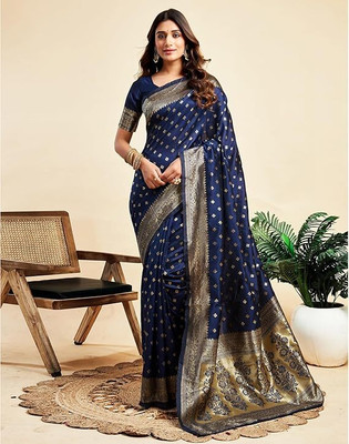 UNITYFASHION Embellished Banarasi Pure Silk Saree(Dark Blue)