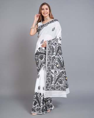 DURGA TEXTILE Woven, Floral Print, Self Design, Temple Border Jamdani Cotton Blend, Jacquard Saree(Black)