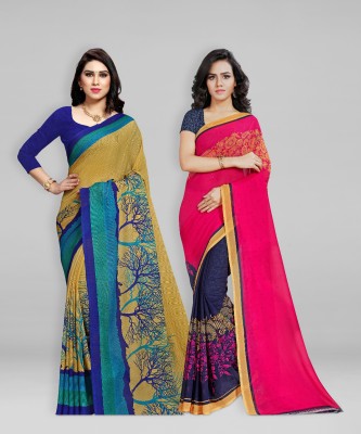 kashvi sarees Printed Daily Wear Georgette Saree(Pack of 2, Blue, Pink, Beige)