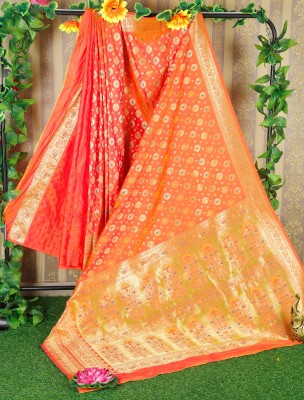 hritvi weaving house Floral Print, Self Design Banarasi Jacquard Saree(Orange)