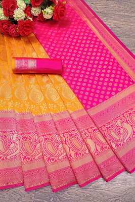 Julee Solid/Plain Banarasi Pure Silk Saree(Yellow)