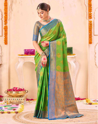 Satrani Woven, Embellished Banarasi Silk Blend Saree(Green)