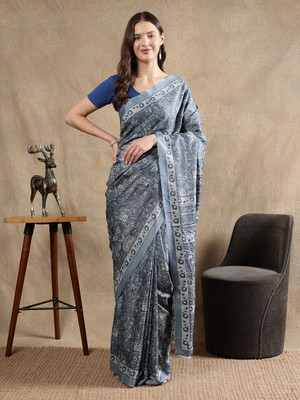 BALOOBI Digital Print Daily Wear Silk Blend Saree(Grey)