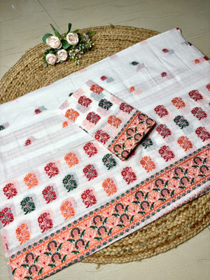 Mekhela sador Floral Print Daily Wear Cotton Blend Saree(White)