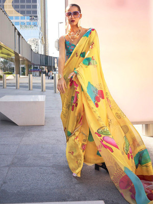 ANOUK Printed Hand Batik Satin Saree(Yellow)