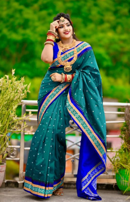 Afronza Temple Border, Woven, Striped Sambalpuri Art Silk, Cotton Blend Saree(Dark Green)