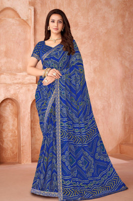 TIARAA Geometric Print Bollywood Chiffon Saree(Blue)