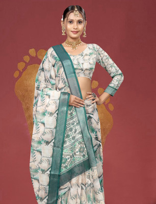 Gajal Printed, Woven Kanjivaram Pure Cotton, Cotton Linen Saree(Cream)