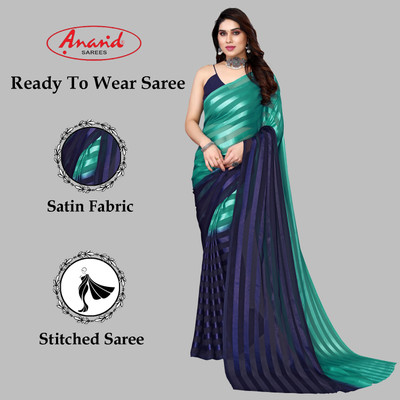 Anand Sarees Embellished, Striped, Self Design Bollywood Satin Saree(Light Blue, Dark Blue)