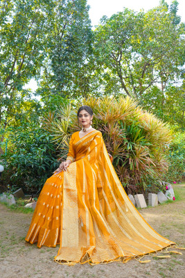 KOTHARI SBT Solid/Plain Bandhani Organza Saree(Yellow)