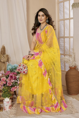 BLEESBURY Solid/Plain Bollywood Chiffon, Georgette Saree(Yellow)
