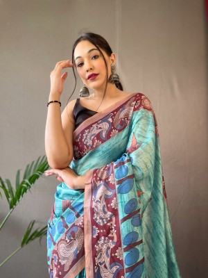 ShivGori Digital Print Bollywood Cotton Linen Saree(Light Blue)