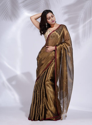 Kumaresh Creation Solid/Plain Bollywood Tissue Saree(Gold)