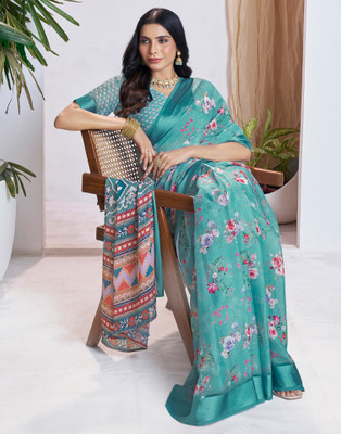 Samah Floral Print Bollywood Georgette Saree(Light Blue)
