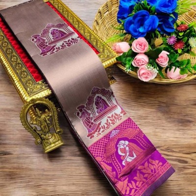 KV Fashion Self Design Banarasi Pure Silk Saree(Brown, Purple)