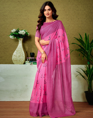 Divastri Floral Print, Geometric Print, Printed Sambalpuri Chanderi, Cotton Blend Saree(Pink)