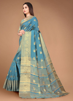Soham Enterprise Printed, Temple Border, Woven, Embellished, Solid/Plain Banarasi Art Silk, Cotton Silk Saree(Blue)