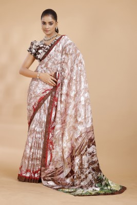 GARDEN VARELI Floral Print Bollywood Brasso Saree(Brown)