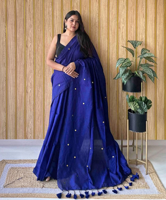 Radha Krishna Saree Solid/Plain, Polka Print Handloom Cotton Blend Saree(Blue)