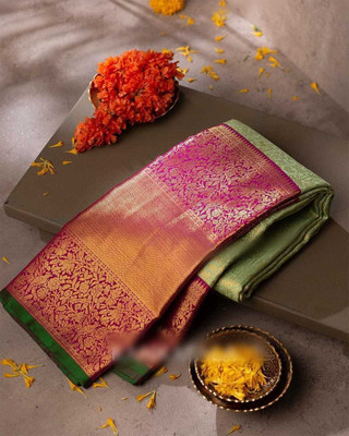 RUCHAA FASHION Woven Banarasi Silk Blend Saree(Light Green, Pink)