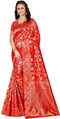 Loom Woven, Self Design, Dyed Banarasi Jacquard Saree(Red)